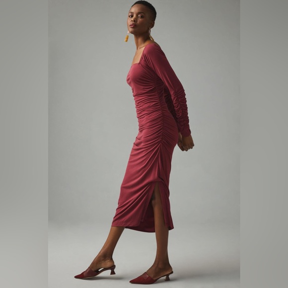 ✨ Anthropologie Ruched Square-Neck Dress Sz L - Picture 3 of 6